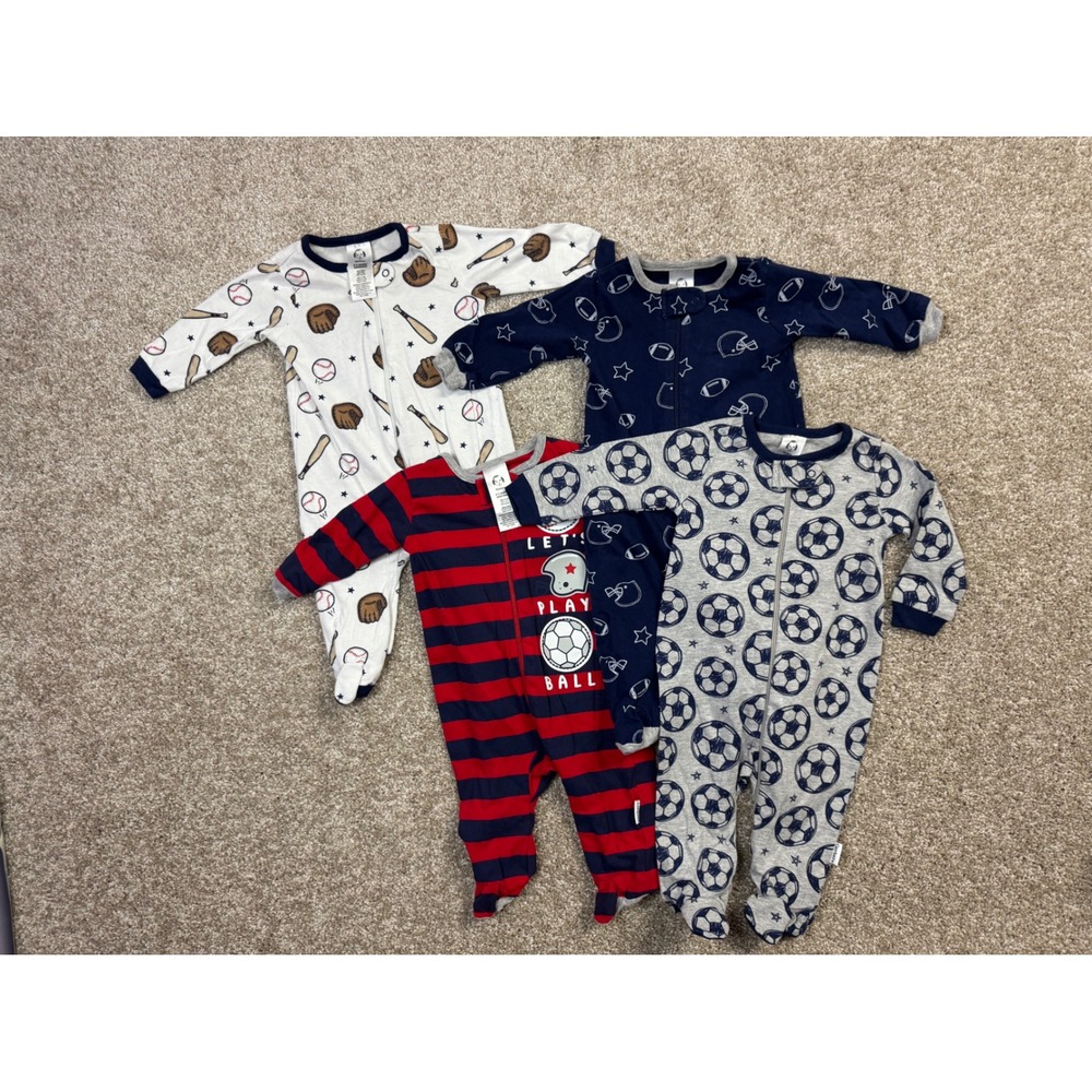 Gerber Baby Boy 0-3 Months Sports Sleep and Play Pajamas Lot of 4 Cotton Zip Up
